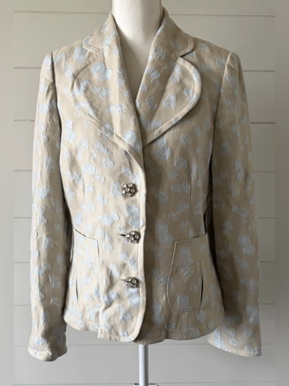 Banana Republic Jacquard Blazer Cream Beige Blue Floral womens 12 New Buttons